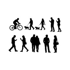 Obraz premium Black silhouettes of people walking, cycling, and standing set isolated on white background.