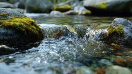 Mossy rocks in a stream, close-up