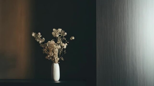 Dried delicate plant branches arranged in a unique white ceramic vase, creating a serene and minimalist aesthetic on a wooden table against a neutral wall backdrop