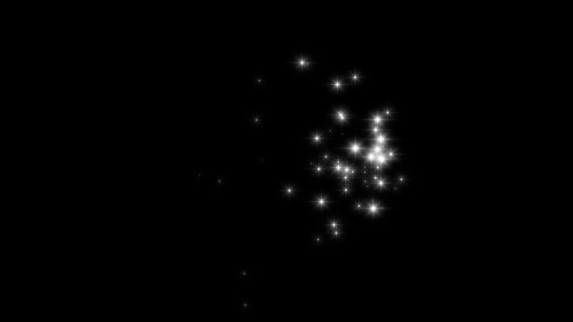 Glittering star dust trail sparkling particles, shining glitter star sparkle tine particles, white cartoon doodle stars, shiny glowing stars flat vector bokeh light particles on black screen. 4k video