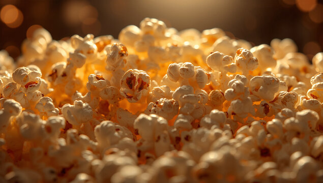夜の室内照明で温かく灯されたポップコーンの質感を強調