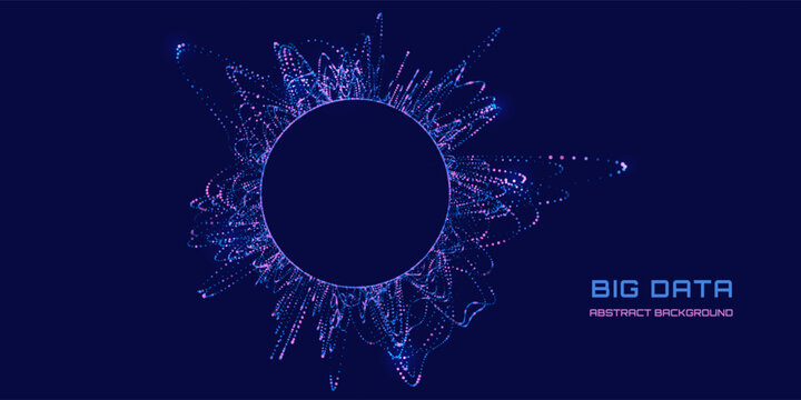 Abstract futuristic waves from particles in lines on dark. Noise motion from color data baza. Sound wave and audio background. Radial with explosion. 