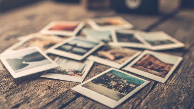 Pile of Nostalgic Instant Photos on Wood