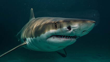 Fototapeta premium 縞模様をまとったイタチザメが闇から迫る重厚な一瞬