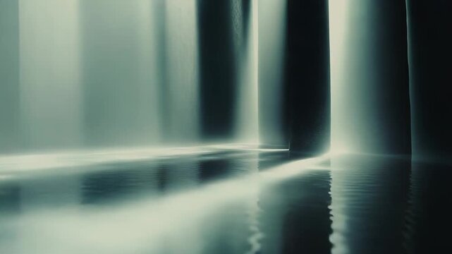 Abstract background showing tranquil water reflecting a receding row of textured columns, casting long shadows across the liquid surface under strong light rays