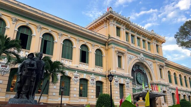 Vietnam, September 9, 2025: The Central Post Office in Ho Chi Minh City. Gorgeous glass windows and arches. An old building built in the neo-Gothic style. Saigon. 4К