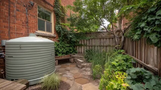 Medium shot of a townhouse backyard with a compact rainwater harvesting system connected to downspouts designed for small urban water conservation