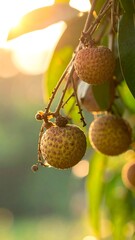 Lychee Fruit on Tree Branch in Golden Sunlight.