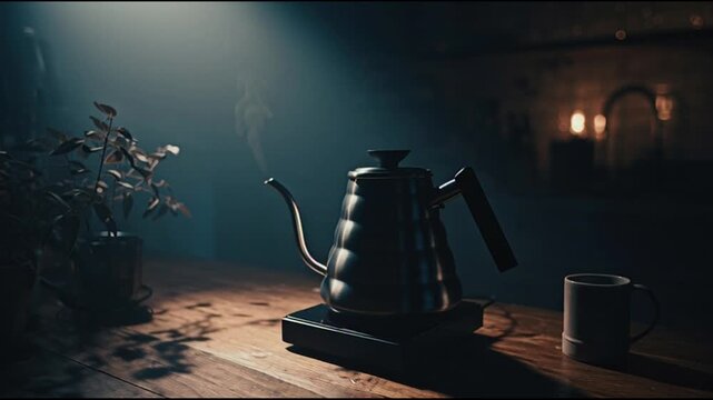Vintage Kettle on Wooden Table Indoors.