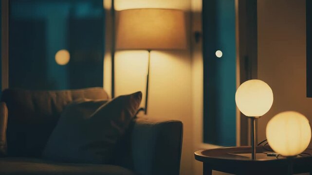 Warm ambient lighting from modern spherical lamps and a soft sofa creates a welcoming, intimate, and relaxing atmosphere, ideal for a quiet evening at home
