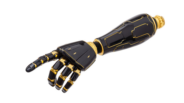 Futuristic black robotic arm with gold accents advanced technology artificial limb cybernetic prosthetic isolated on transparency background innovation sleek design modern high tech mechanical