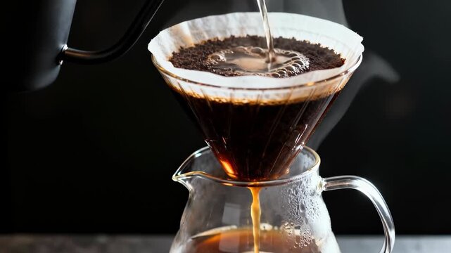 Hot water pouring from a gooseneck kettle into a glass dripper with ground coffee for manual pour over brewing against a dark background