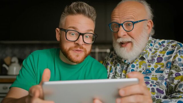 A son shows his senior father something on a tablet computer. Two men react with surprise and excitement while looking at the screen. Intergenerational family bonding over technology