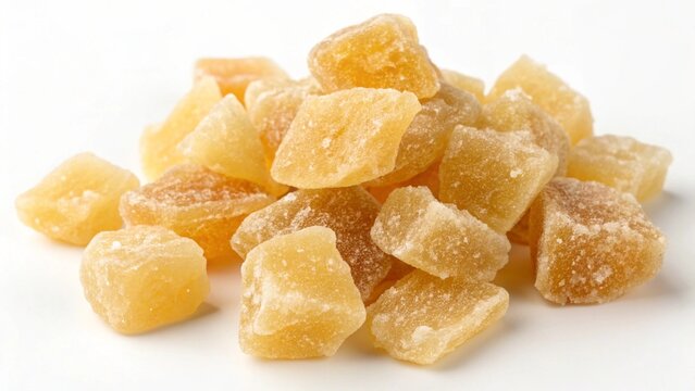 A close up view of crystallized ginger pieces scattered against a plain white background