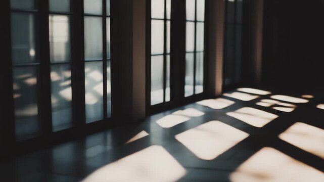 Sunlight filtering through a window creates abstract geometric shadow patterns on a dark interior floor, providing a tranquil and minimalist ambiance with natural light highlights