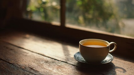 Obraz premium Tea cup on a wooden table by the window