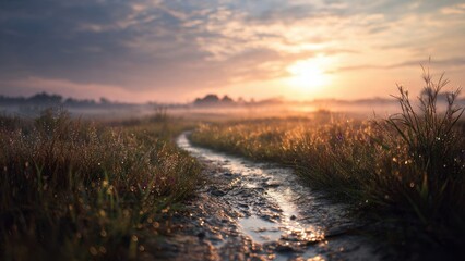 Obraz premium Tranquil Sunrise Over Dewy Meadow Path
