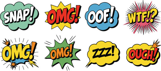 Comic sound effect speech bubble set featuring snap, omg, oof, wtf, zzz, ouch words, colorful pop art explosion style illustrations © Mst