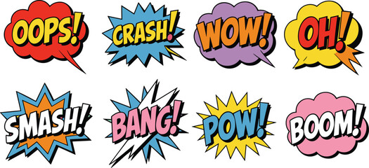 Comic-style speech bubbles with bold expressive words like “WOW!”, “SMASH!”, and “BOOM!” in colorful bursts for pop art and design themes. © Mst