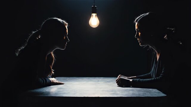 Two women facing each other during intense interrogation