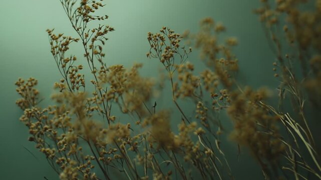 Dried wild plants stand tall against a soft, blurred teal green background, creating a serene and delicate botanical composition with a natural, subdued aesthetic