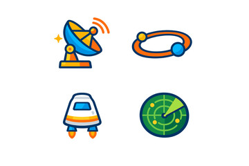 Naklejka premium Satellite dish and spacecraft icons showing communication and space exploration activities in a simple design