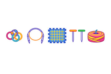 Colorful craft supplies are arranged in a row on a white background that shows various tools for creative activities and hobbies such as knitting, weaving, and crafting