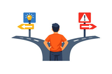 Person stands at a fork in the road with signs indicating different paths during the day © Alan