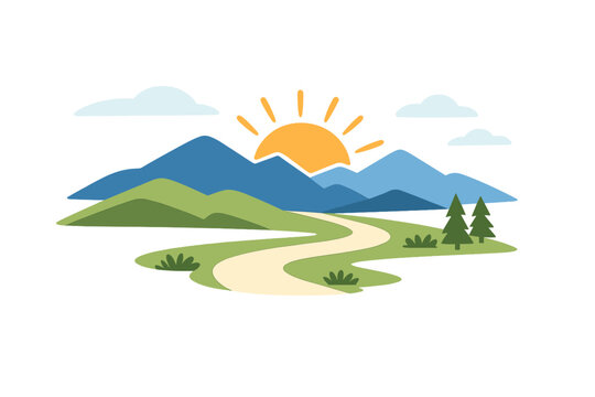 Scenic view featuring mountains, a winding road, and sun rising over hills during daytime in a nature setting