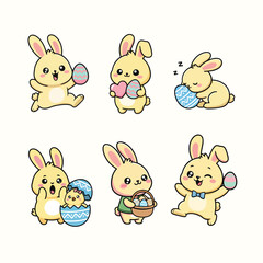 Obraz premium Cute Kawaii Easter Bunny Actions Set with Decorated Eggs Flat Vector