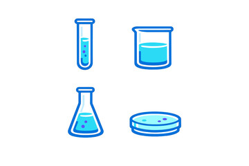 Different types of laboratory glassware showing various containers with blue liquid in a scientific setting for experiments in chemistry or biology classes