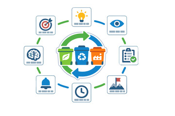 Diagram shows the recycling process with various steps and icons representing different activities related to waste management and sustainability