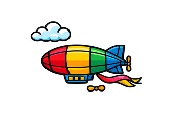 Colorful zeppelin floats in the sky near a cloud during a bright sunny day, showcasing a fun design and vibrant patterns © icon_art