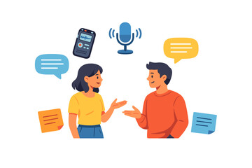 Two people have a conversation with speech bubbles, a microphone, and a recording device present in a casual setting about a specific topic