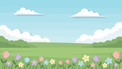 Fototapeta premium Cartoon Meadow with Colorful Flowers and Blue Sky.