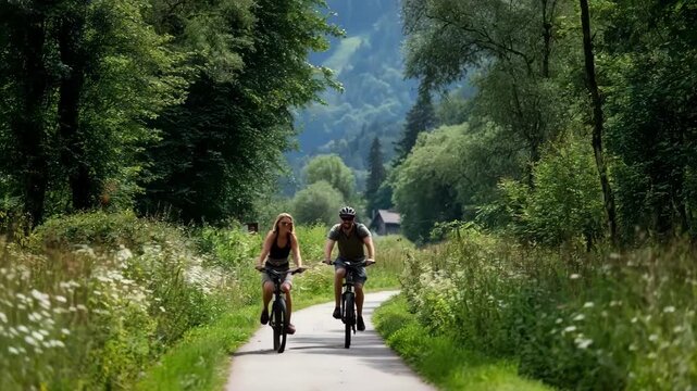 Couple biking along scenic countryside paths enjoying lowimpact sustainable travel with immersive nature and cultural exploration.