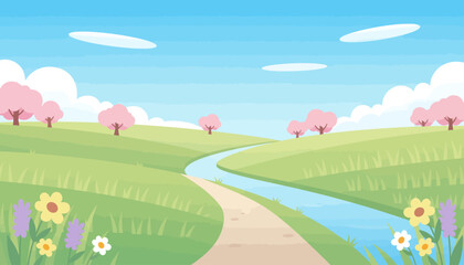 Naklejka premium Serene Spring Landscape with Blossoming Trees and Flowing River.