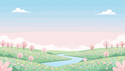 Serene Spring Landscape with Cherry Blossoms and Flowing River.