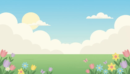 Fototapeta premium Spring Meadow with Flowers and Sunny Sky Illustration.