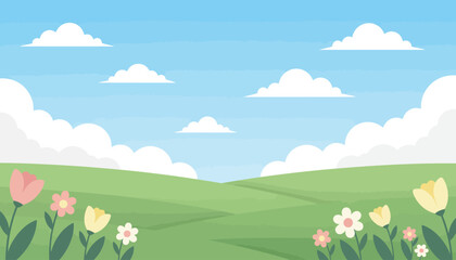 Obraz premium Spring Meadow with Blooming Flowers and a Bright Blue Sky.