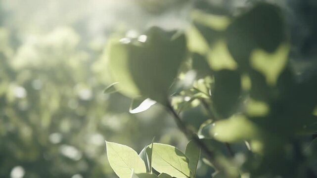 Bright green leaves on a branch glow against a soft blurred background, capturing the essence of nature and growth under the gentle diffusion of natural sunlight