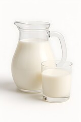 Fresh Whole Milk in Glass Pitcher and Drinking Glass Isolated on White Background for Healthy Breakfast