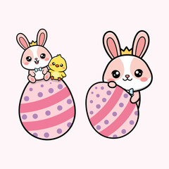 Fototapeta premium Cute Easter Bunny and Chick Sitting on Egg Kawaii Vector Illustration
