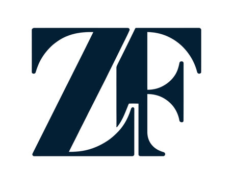 A logo featuring the letters ZF in large, dark blue font on a white background