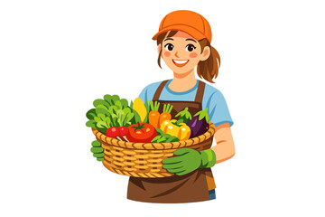 Woman carries basket full of fresh vegetables at a farm during the daytime while smiling and enjoying her work