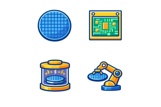 Detailed view of semiconductor manufacturing process with various elements like silicon wafers and robotic arms used in the production line