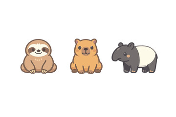 Obraz premium Cute cartoon animals sit together in a simple design showing a sloth, a capybara, and a tapir in a friendly arrangement