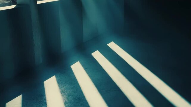 Parallel beams of sunlight cut through a dark interior, casting crisp striped shadows across a textured floor and creating a stark, contemplative abstract pattern