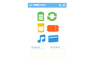 Graphic display shows different icons related to technology and media, including a battery symbol, recycle symbol, container, tickets, music note, and credit card on a web interface