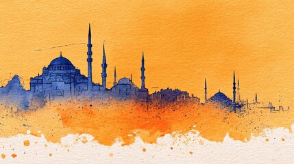 Minimalist Orange Watercolor City Skyline Illustration